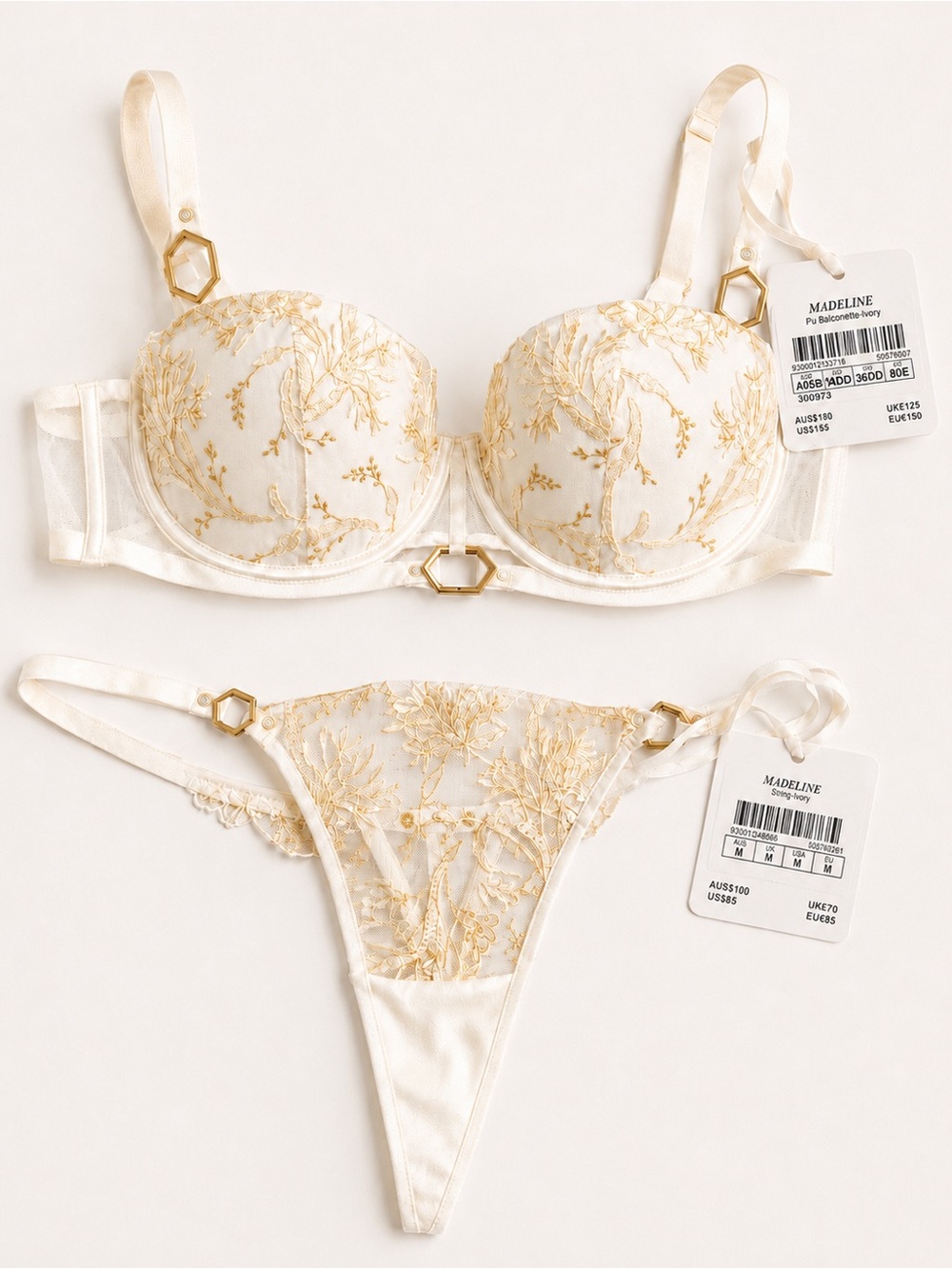Madeline Ivory Bra & Thong Set with Gold Floral Embroidery